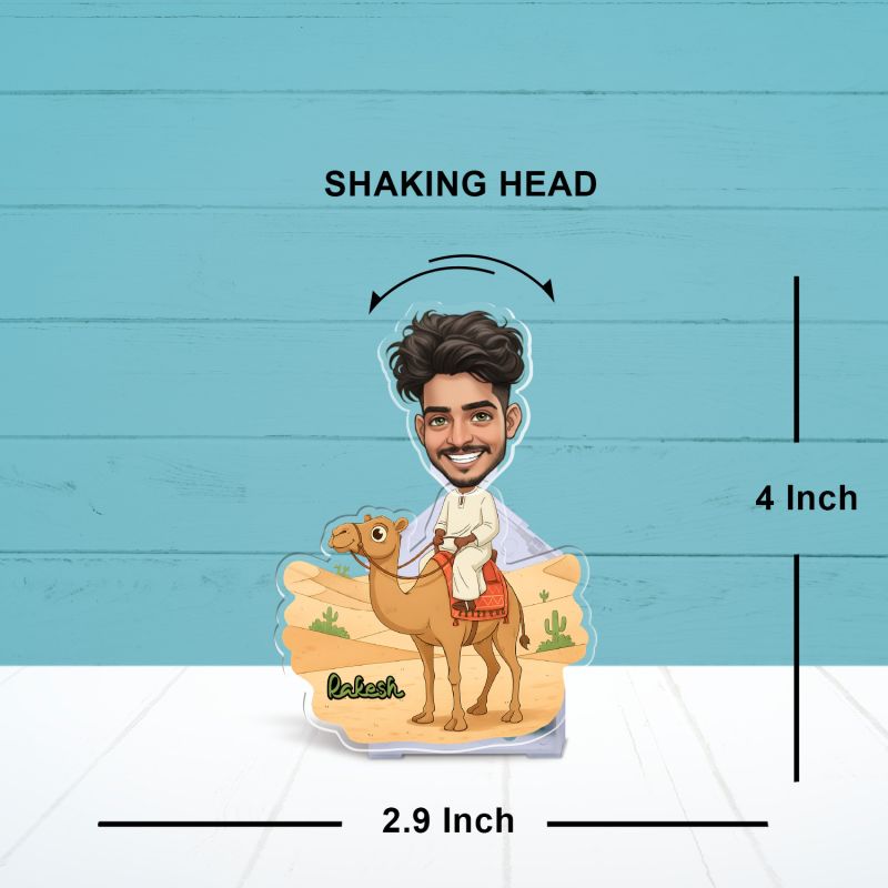 Personalized Caricature Bobblehead with Camel Desert Theme, Custom Cartoon Character Face Cutout & Name | Battery Powered Moving Head Decoration Items for Home & Car Dashboard